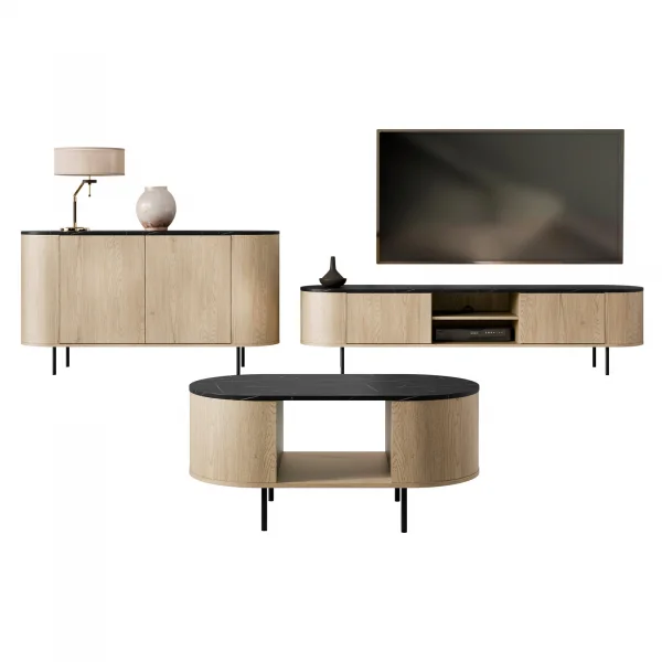 Set mobili soggiorno completo rovere effetto marmo nero Roundi