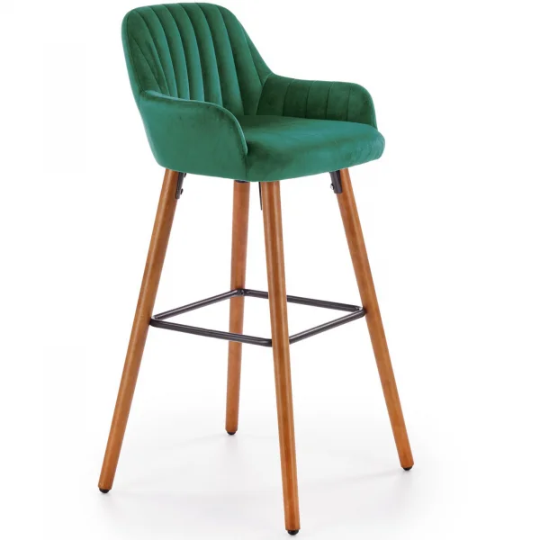Sgabello alto imbottito stile scandinavo in velluto verde scuro rovere Nate