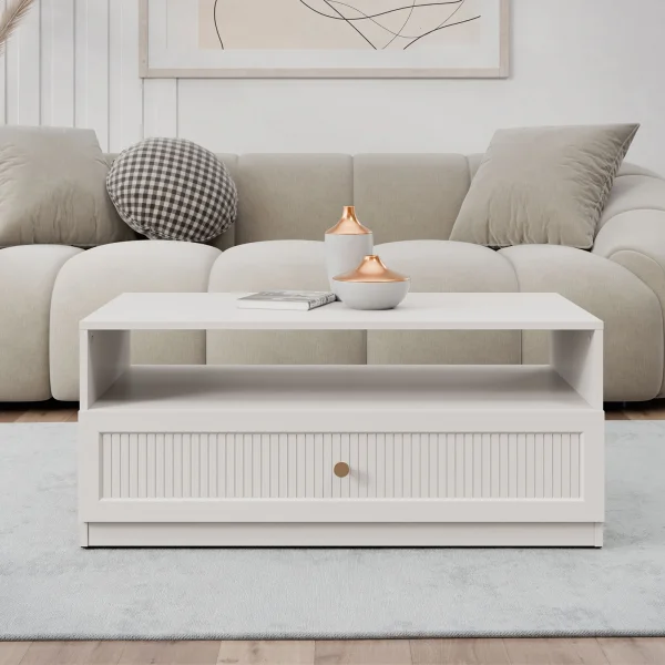 Tavolino da salotto 100x55 cm cannettato 1 cassetto beige cashmere Rolly