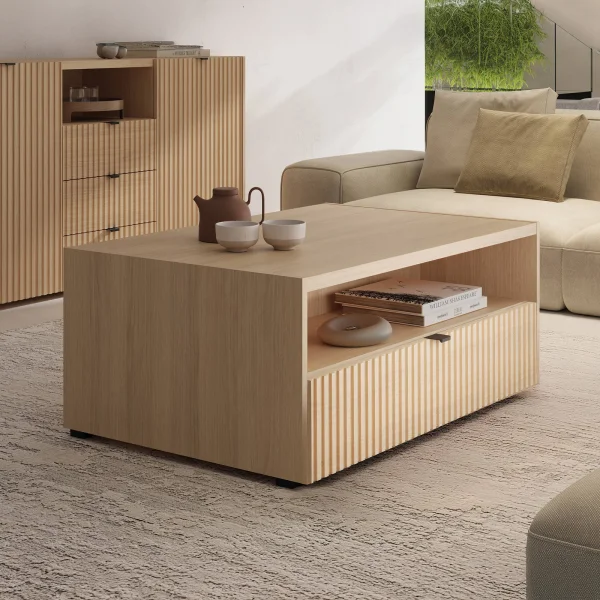 Tavolino da salotto 100x65 cm cannettato 1 cassetto rovere Sally