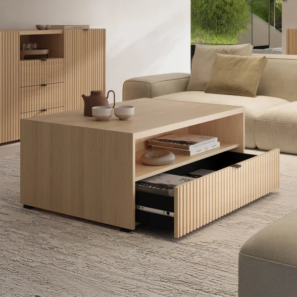 Tavolino da salotto 100x65 cm cannettato 1 cassetto rovere Sally