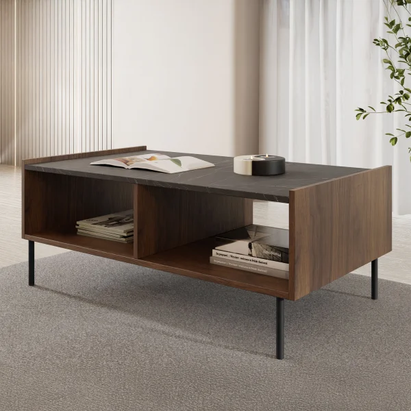 Tavolino da salotto 97x60 cm 2 vani a giorno piano effetto marmo nero noce Caliva