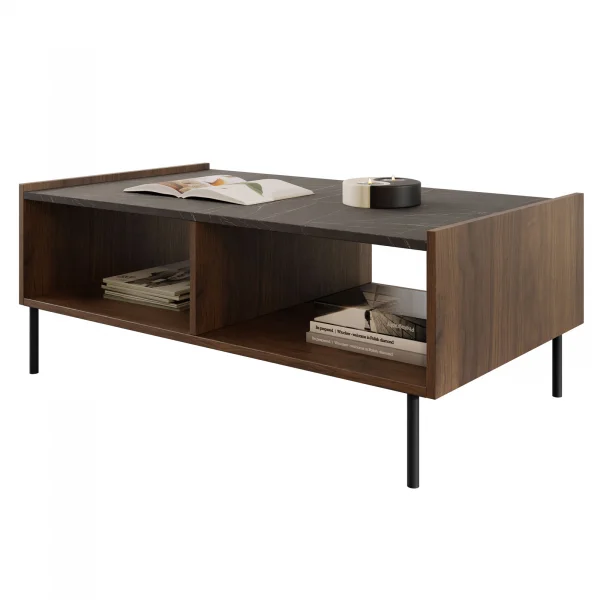 Tavolino da salotto 97x60 cm 2 vani a giorno piano effetto marmo nero noce Caliva