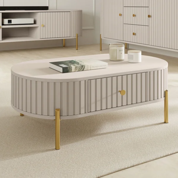 Tavolino da salotto ovale 100x52 cm cannettato 1 cassetto beige cashmere Zurik