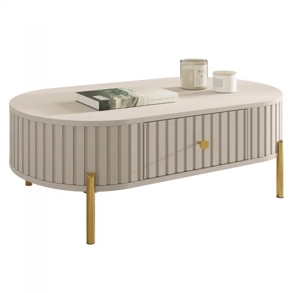 Tavolino da salotto ovale 100x52 cm cannettato 1 cassetto beige cashmere Zurik