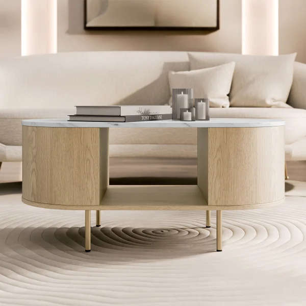 Tavolino da salotto ovale 100x52 cm rovere effetto marmo bianco Roundi