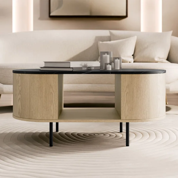 Tavolino da salotto ovale 100x52 cm rovere effetto marmo nero Roundi