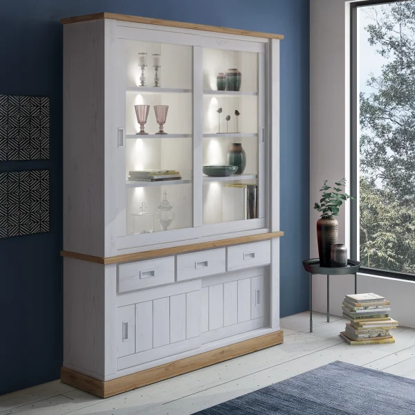 Vetrina 150x204h cm 4 ante scorrevoli 3 cassetti soggiorno bianco opaco rovere Islen