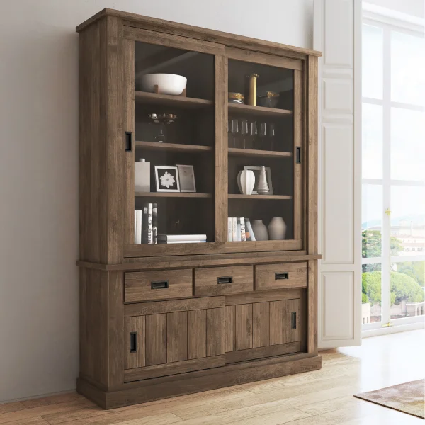 Vetrina 150x204h cm 4 ante scorrevoli 3 cassetti soggiorno noce nero Islen