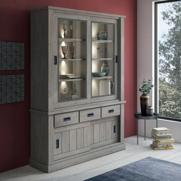Vetrina 150x204h cm 4 ante scorrevoli 3 cassetti soggiorno rovere grigio nero Islen