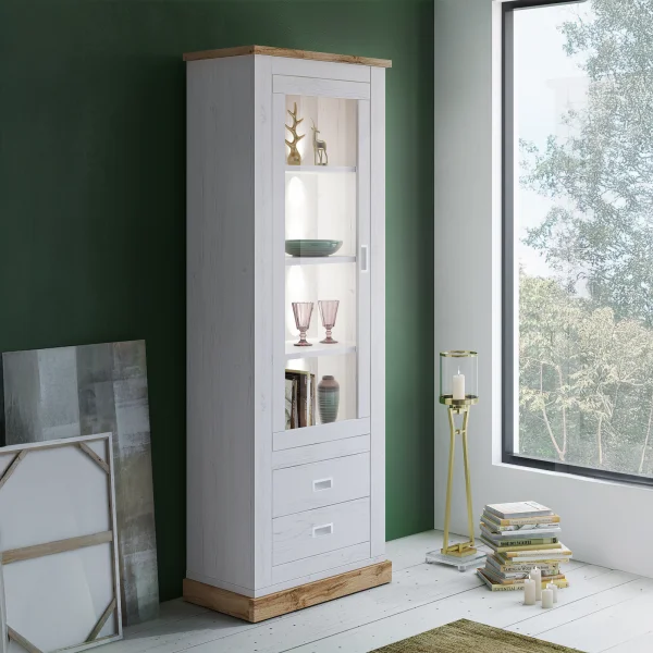 Vetrina 73x204h cm 1 anta 2 cassetti soggiorno bianco opaco rovere Islen