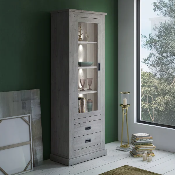 Vetrina 73x204h cm 1 anta 2 cassetti soggiorno rovere grigio nero Islen
