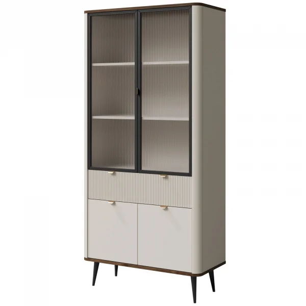 Vetrina 90x191 cm 4 ante 1 cassetto beige cashmere noce Arden