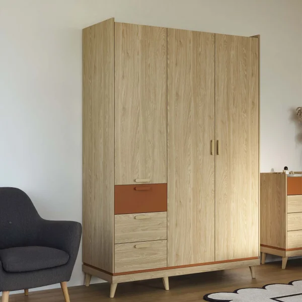 Armadio 144x215h cm 3 ante 3 cassetti rovere rosso mattone Yu