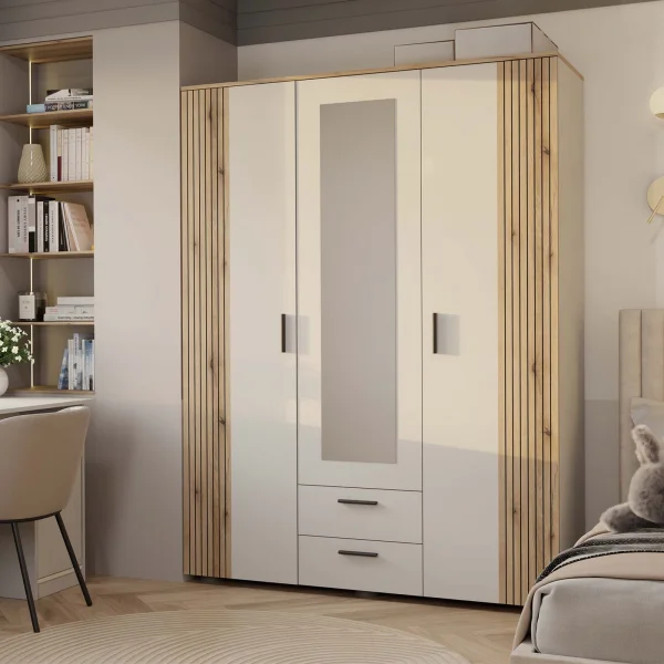 Armadio 150x200h cm 3 ante con specchio e 2 cassetti beige cashmere rovere Parker