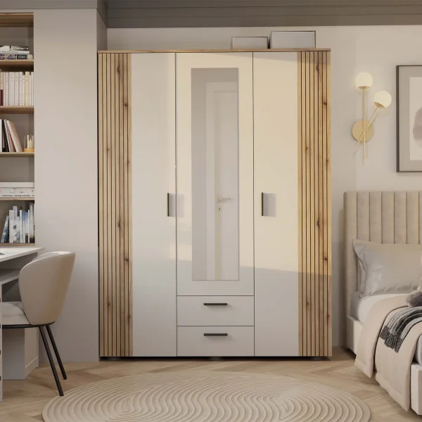 Armadio 150x200h cm 3 ante con specchio e 2 cassetti beige cashmere rovere Parker