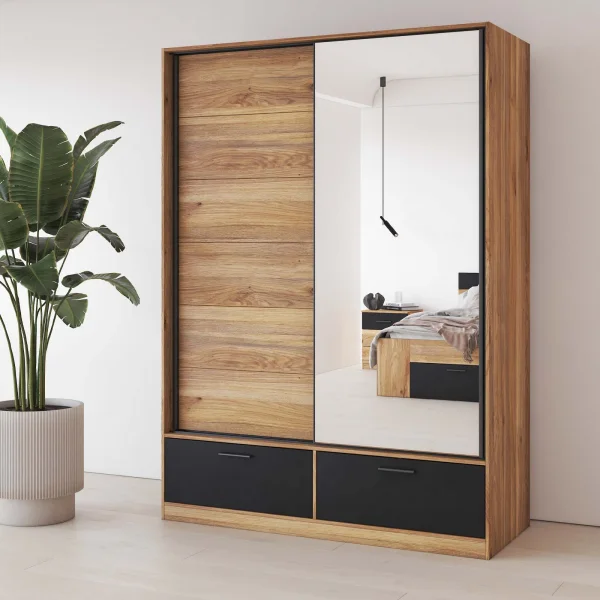 Armadio 150x209h cm 2 ante scorrevoli con specchio 2 cassetti rovere nero Yve
