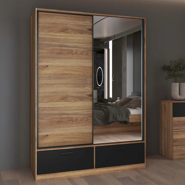 Armadio 150x209h cm 2 ante scorrevoli con specchio 2 cassetti rovere nero Yve