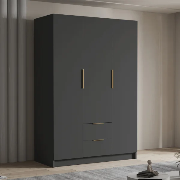 Armadio 150x216h cm 3 ante battenti 2 cassetti nero opaco Ampy
