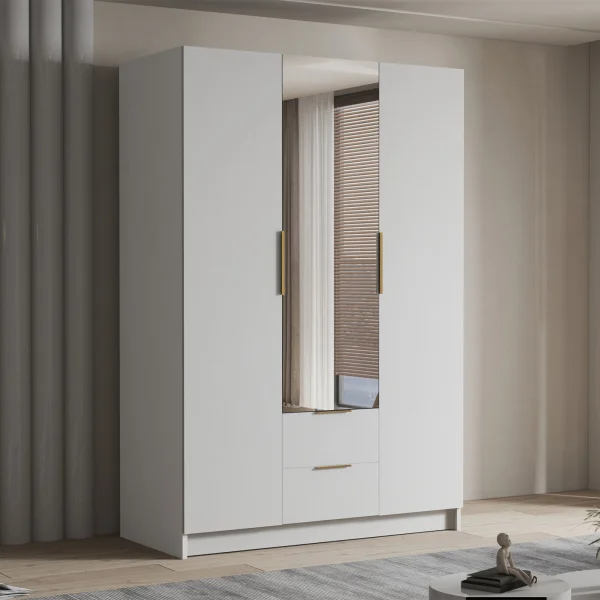 Armadio 150x216h cm 3 ante battenti con specchio 2 cassetti bianco opaco Ampy