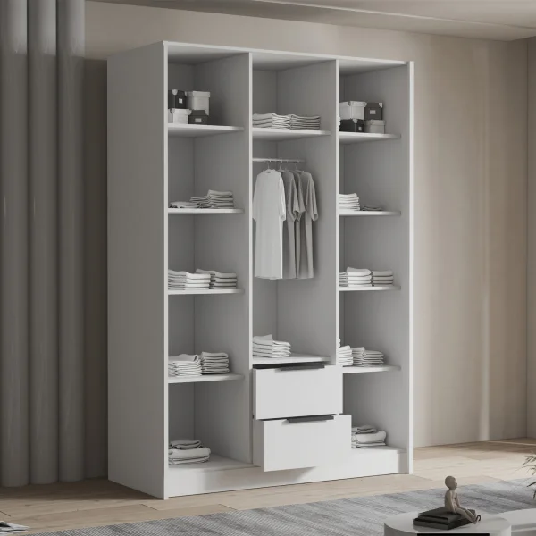 Armadio 150x216h cm 3 ante battenti con specchio 2 cassetti bianco opaco Ampy
