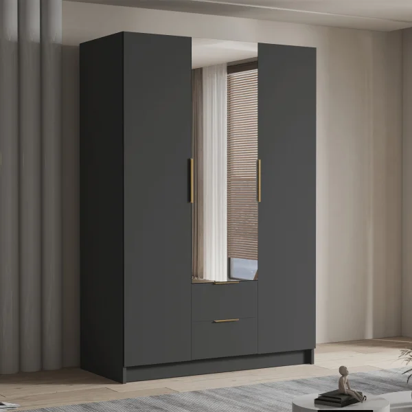 Armadio 150x216h cm 3 ante battenti con specchio 2 cassetti nero opaco Ampy