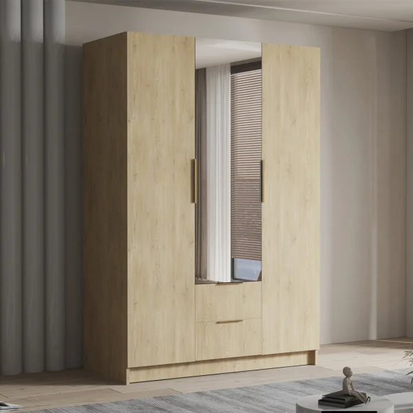 Armadio 150x216h cm 3 ante battenti con specchio 2 cassetti rovere Ampy