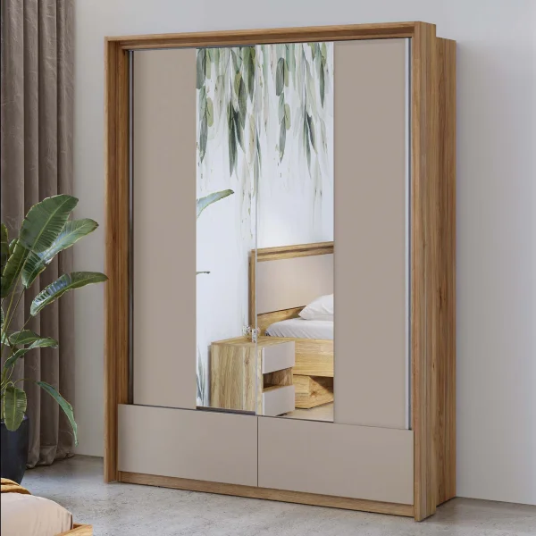 Armadio 159x219h cm 2 ante scorrevoli 2 cassetti con specchio rovere tortora Lise