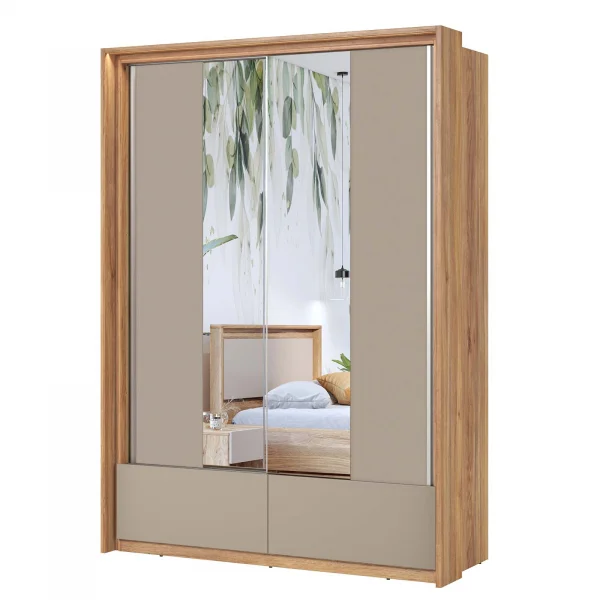 Armadio 159x219h cm 2 ante scorrevoli 2 cassetti con specchio rovere tortora Lise