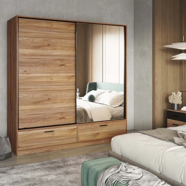 Armadio 180x209h cm 2 ante scorrevoli con specchio 2 cassetti rovere Yve