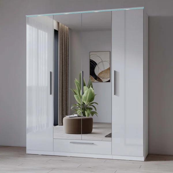 Armadio 181x215h cm 4 ante 1 cassetto con specchio bianco lucido Frisk