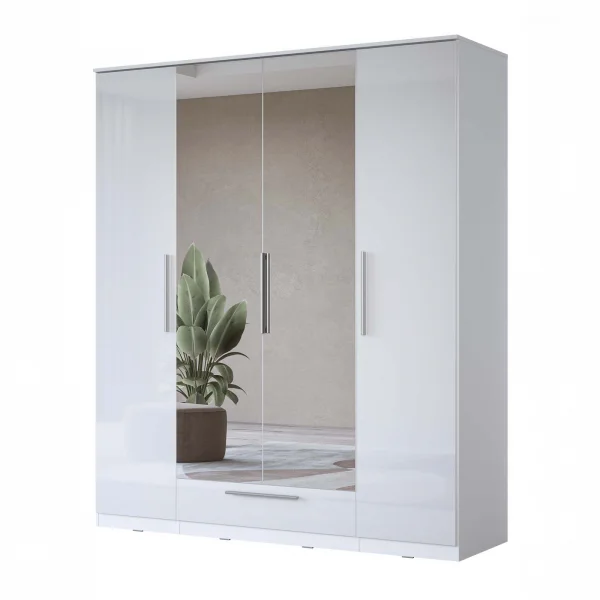 Armadio 181x215h cm 4 ante 1 cassetto con specchio bianco lucido Frisk