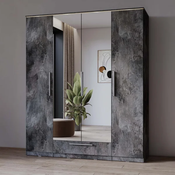 Armadio 181x215h cm 4 ante 1 cassetto con specchio ossido effetto pietra Frisk