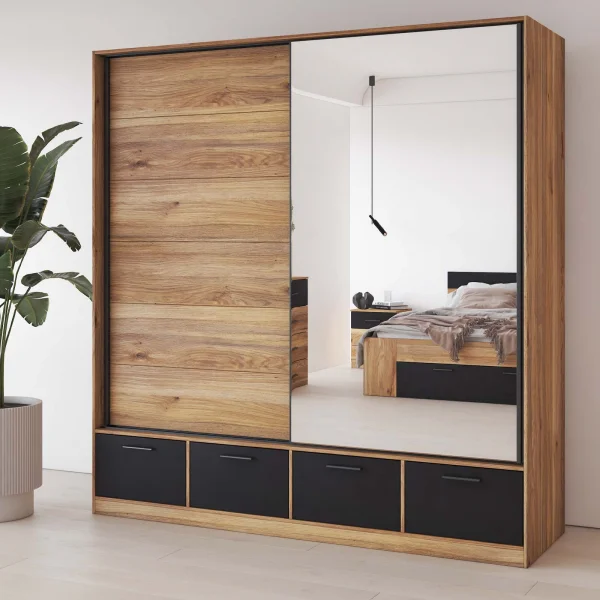 Armadio 200x209h cm 2 ante scorrevoli con specchio 4 cassetti rovere nero Yve