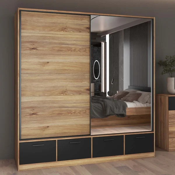 Armadio 200x209h cm 2 ante scorrevoli con specchio 4 cassetti rovere nero Yve
