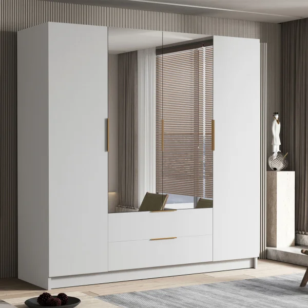 Armadio 200x216h cm 4 ante battenti con specchio 2 cassetti bianco opaco Ampy