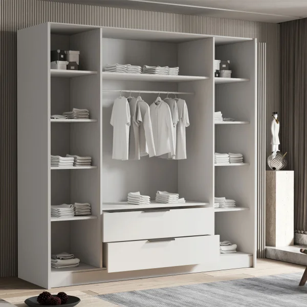 Armadio 200x216h cm 4 ante battenti con specchio 2 cassetti bianco opaco Ampy