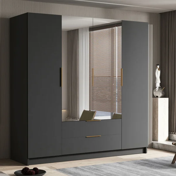 Armadio 200x216h cm 4 ante battenti con specchio 2 cassetti nero opaco Ampy