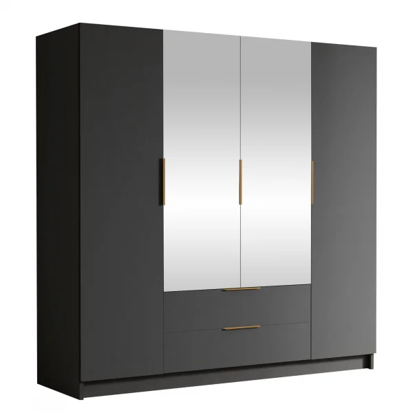 Armadio 200x216h cm 4 ante battenti con specchio 2 cassetti nero opaco Ampy