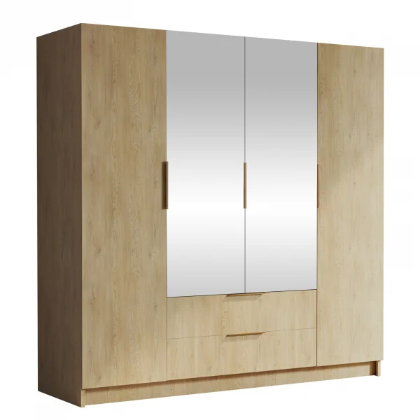Armadio 200x216h cm 4 ante battenti con specchio 2 cassetti rovere Ampy