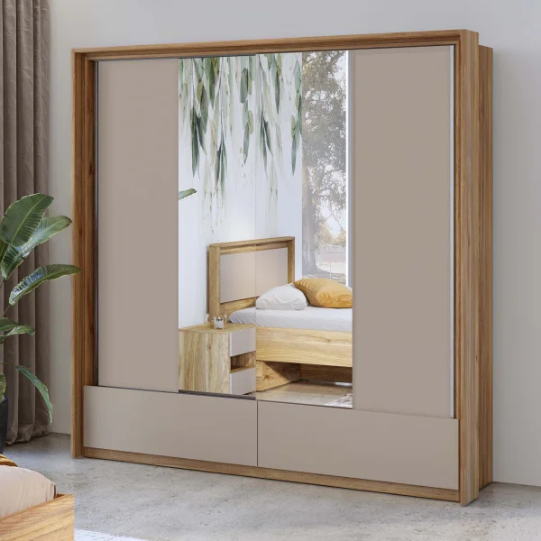 Armadio 209x219h cm 2 ante scorrevoli 2 cassetti con specchio rovere tortora Lise