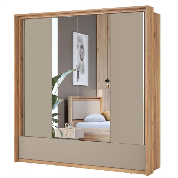 Armadio 209x219h cm 2 ante scorrevoli 2 cassetti con specchio rovere tortora Lise
