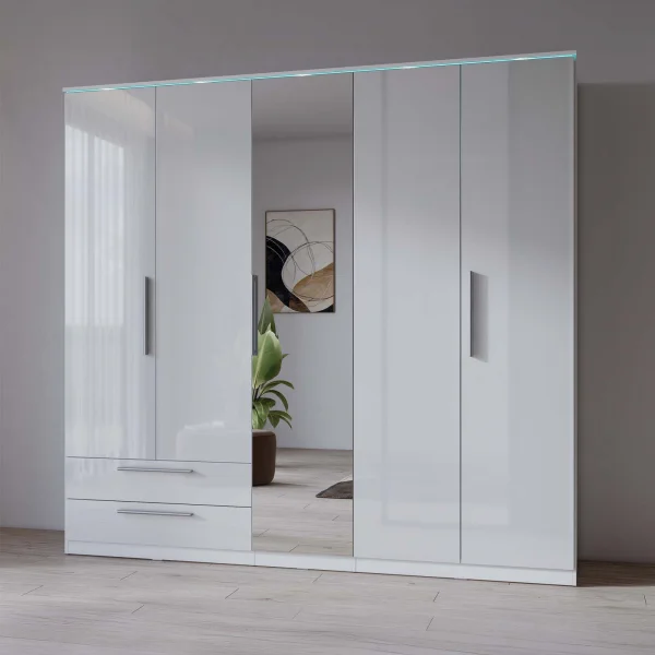 Armadio 225x215h cm 5 ante 2 cassetti con specchio bianco lucido Frisk