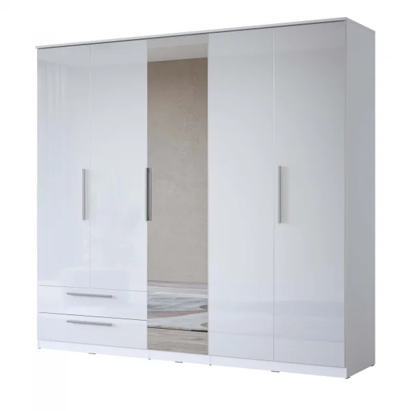 Armadio 225x215h cm 5 ante 2 cassetti con specchio bianco lucido Frisk