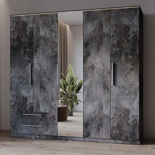 Armadio 225x215h cm 5 ante 2 cassetti con specchio ossido effetto pietra Frisk