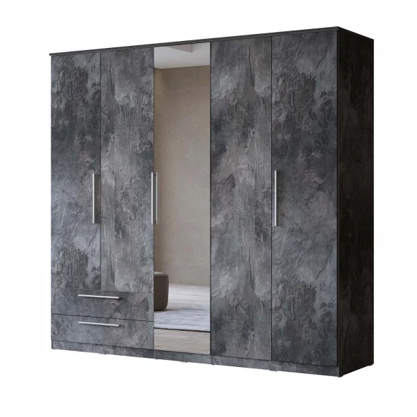 Armadio 225x215h cm 5 ante 2 cassetti con specchio ossido effetto pietra Frisk