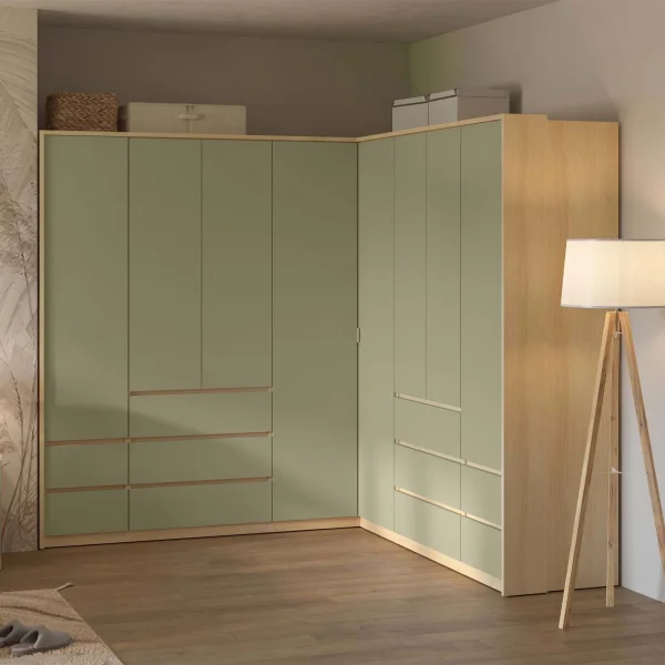 Armadio angolare 234x215h cm 8 ante 10 cassetti verde salvia rovere Elvira