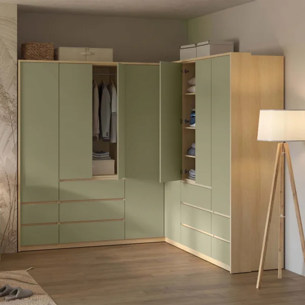 Armadio angolare 234x215h cm 8 ante 10 cassetti verde salvia rovere Elvira