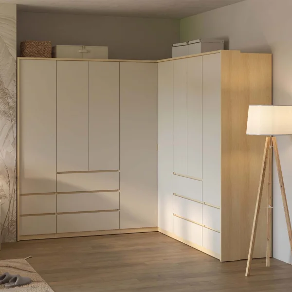 Armadio angolare 235x215h cm 8 ante 10 cassetti beige cashmere rovere Elvira
