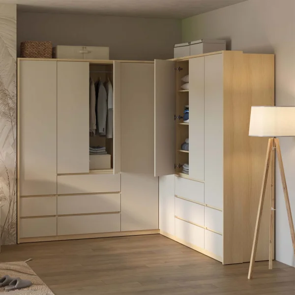 Armadio angolare 235x215h cm 8 ante 10 cassetti beige cashmere rovere Elvira